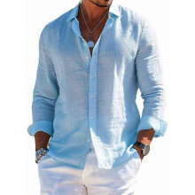 (6XL, Light Blue) Men's Summer Loose Casual Cotton And Linen Long-Sleeved Shirt