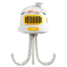 (Head Shaking, White) Rotating Baby Stroller Fan with Night Light - Octopus Cooling Fan Rechargeable Desk Fan for Travel, Dorm & Car