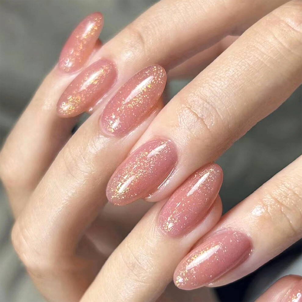 Hue-Grain (Jelly Glue Model) Glitter Pink Almond Fake Nails, Salon Supply