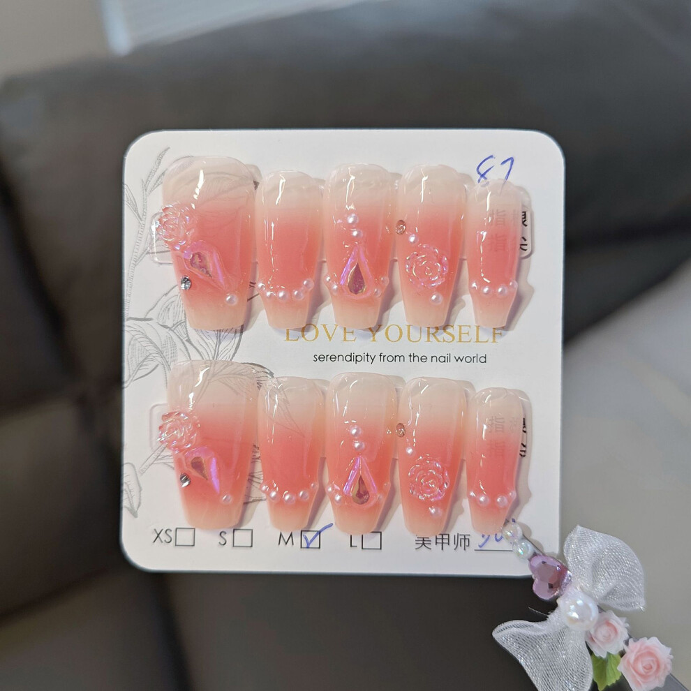 Dcph-Clothing (Xs) 10Pcs Pink Cat Eye Press-On Nails With Flowers