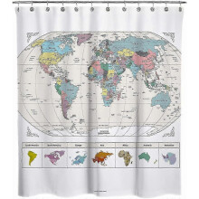 Map of the World with Detailed Major Cities, PVC Free, Non-Toxic and Odorless Water Repellent Fabric Shower Curtain, Large Home Decor