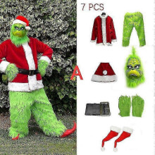 (Adults 3XL, Full Set A) Xmas Green Monster Costume for Christmas Santa Costume Furry Adult Green Outfit