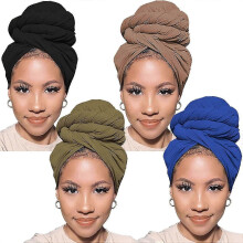 4 Pcs Stretch Turban Head Wrap Hair Scarf Solid Color African Long Shawl Headbands Soft Stretchy for Black