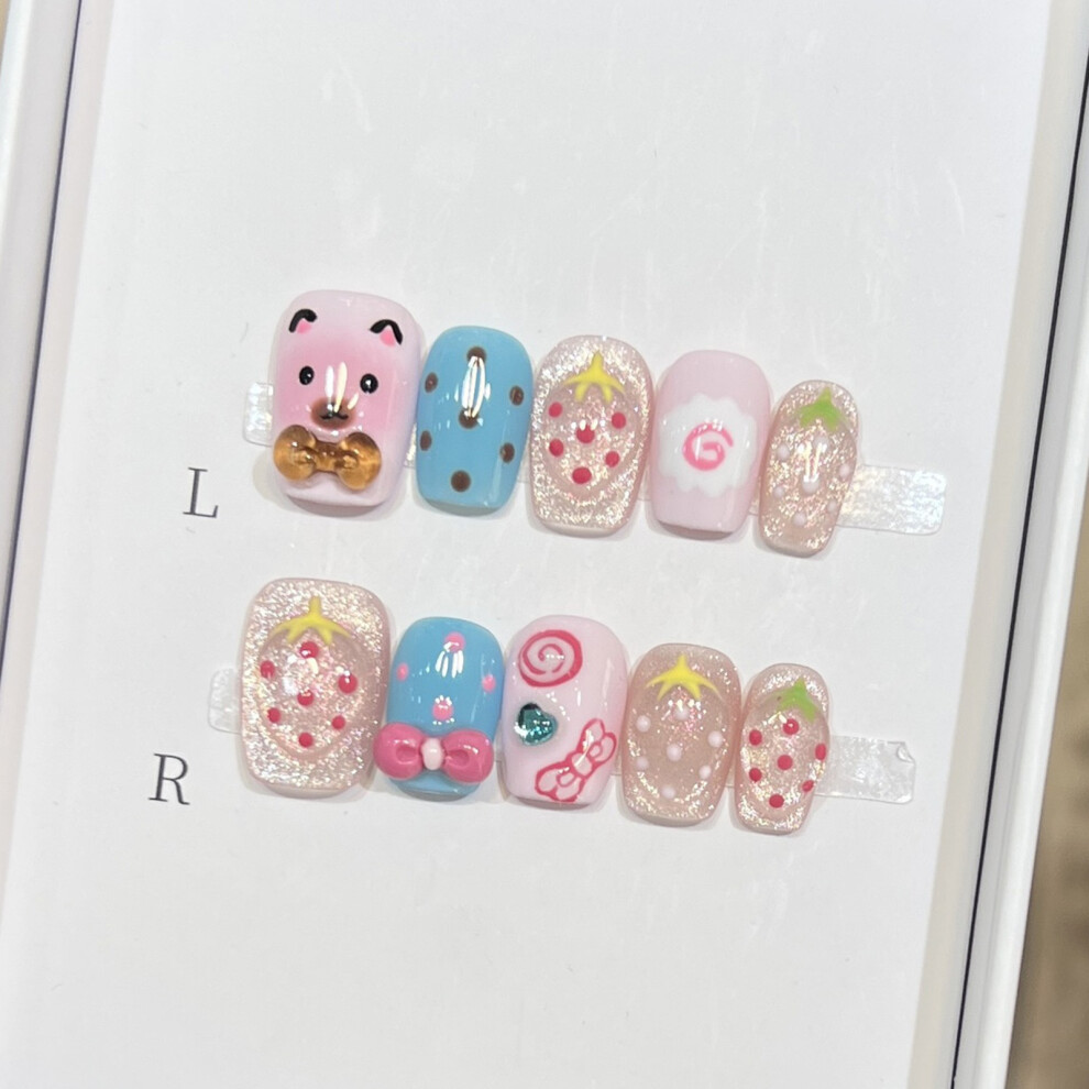 Creation-3C (S) Bear Printed Fake Nails - 10Pcs Durable Salon Supply