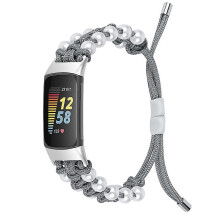 (Style E Fitbit Charge 6, Grey) For Fitbit Charge 6/5 Easy Adjustment Stylish Watch Band Pearl+Nylon Woven Replacement Wrist Strap