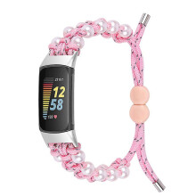 (Style B Fitbit Charge 6, Pink) For Fitbit Charge 6/5 Easy Adjustment Stylish Watch Band Pearl+Nylon Woven Replacement Wrist Strap