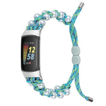 (Style F Fitbit Charge 6, Blue) For Fitbit Charge 6/5 Easy Adjustment Stylish Watch Band Pearl+Nylon Woven Replacement Wrist Strap