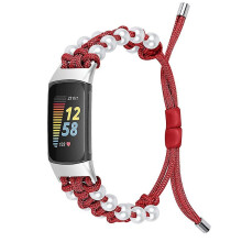(Style D Fitbit Charge 6, Red) For Fitbit Charge 6/5 Easy Adjustment Stylish Watch Band Pearl+Nylon Woven Replacement Wrist Strap