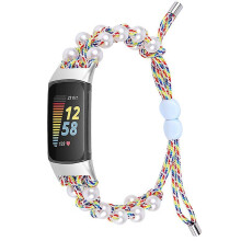 (Style A Fitbit Charge 6, Multicolor) For Fitbit Charge 6/5 Easy Adjustment Stylish Watch Band Pearl+Nylon Woven Replacement Wrist Strap