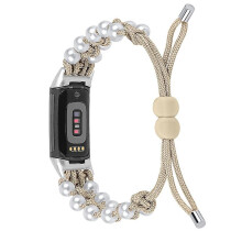 (Style G Fitbit Charge 6, Apricot) For Fitbit Charge 6/5 Easy Adjustment Stylish Watch Band Pearl+Nylon Woven Replacement Wrist Strap