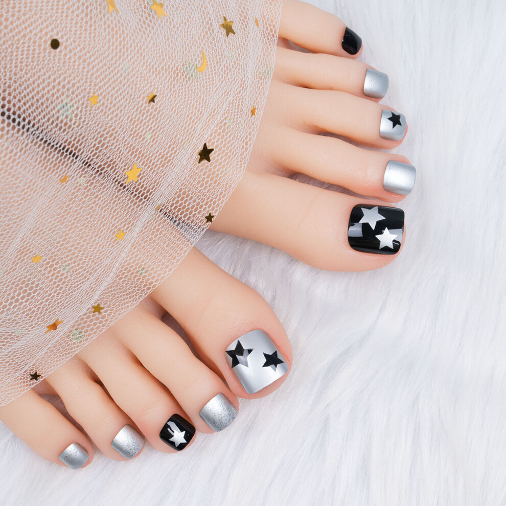 Hue-Grain Stage Press-On Nails - Black Silver, Easy Apply & Remove
