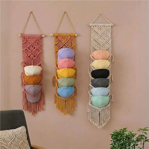 3Pcs Macrame Baseball Hat Rack Boho Hand Woven Cap Hanger Wall Mounted Organizer 1