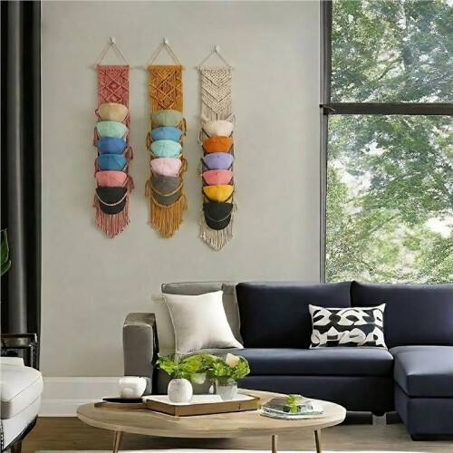 3Pcs Macrame Baseball Hat Rack Boho Hand Woven Cap Hanger Wall Mounted Organizer 2
