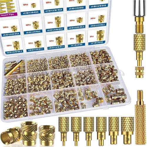 513 Pcs SAE Brass Threaded Inserts Assortment Kit, , 2-56 4-40 6-32 8-32 10-32 1/4"-20