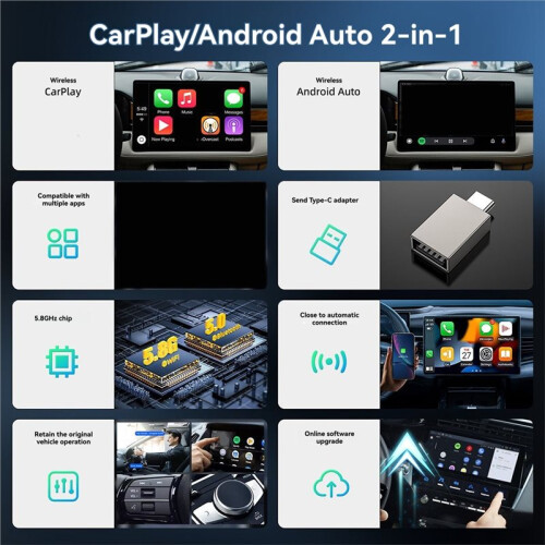 2 In 1 Adattatore Carplay Wireless per Android Auto  Box Dongle per Auto Principali 2