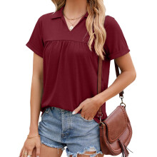 T-shirts femme, col en v, décontracté, revers,-Bourgogne M
