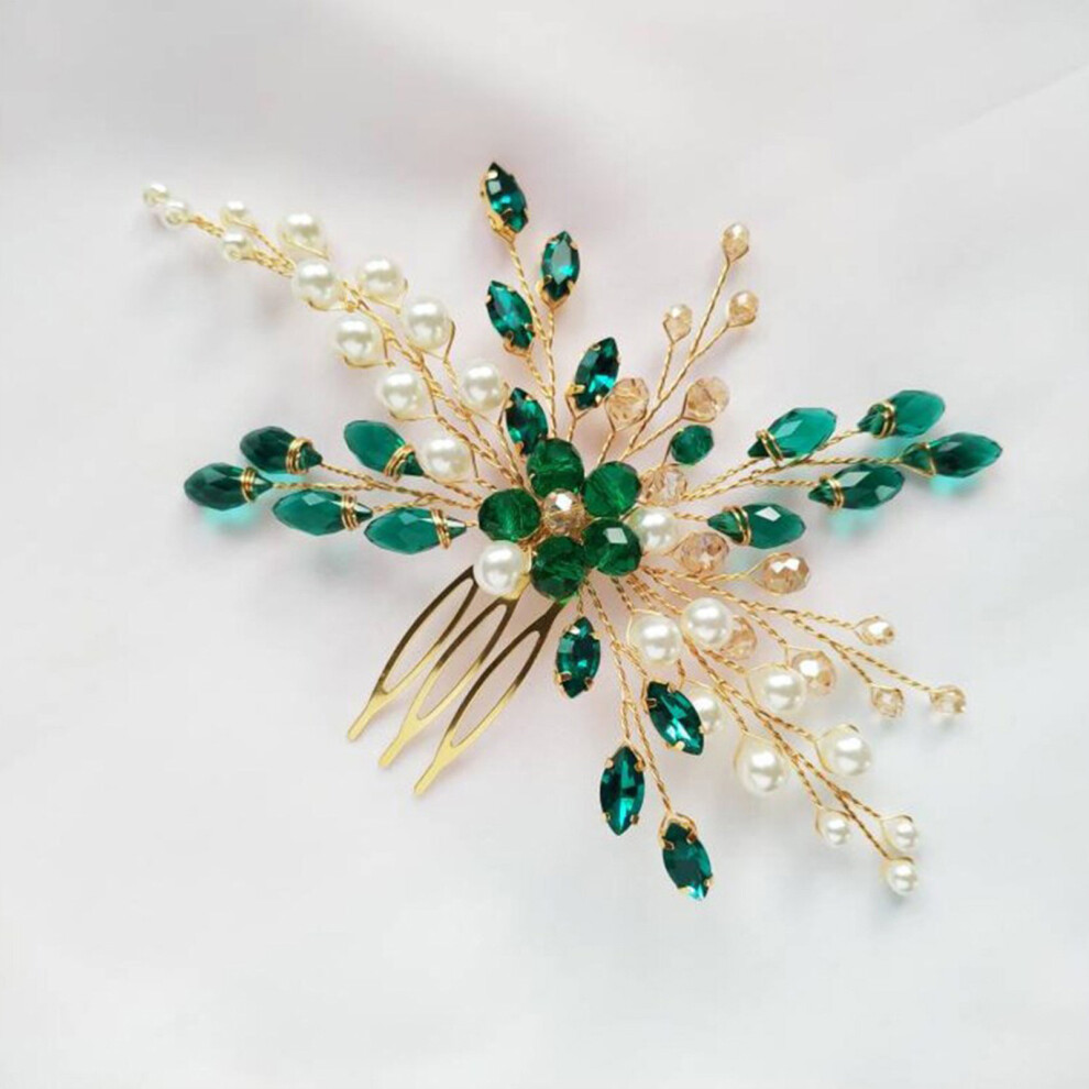 Hue-Grain (Green) Emerald Rhinestone Wedding Hair Comb, 50 Char