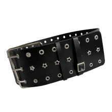 Punk Rock Wide Faux Leather Belt Metal Eyelet Hollow Black