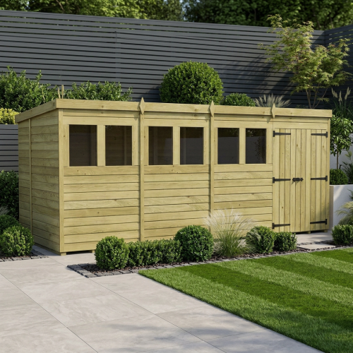 16 x 6 Pent Shed Tanalised (Double Door, With Windows)