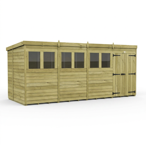 16 x 6 Pent Shed Tanalised (Double Door, With Windows) 1