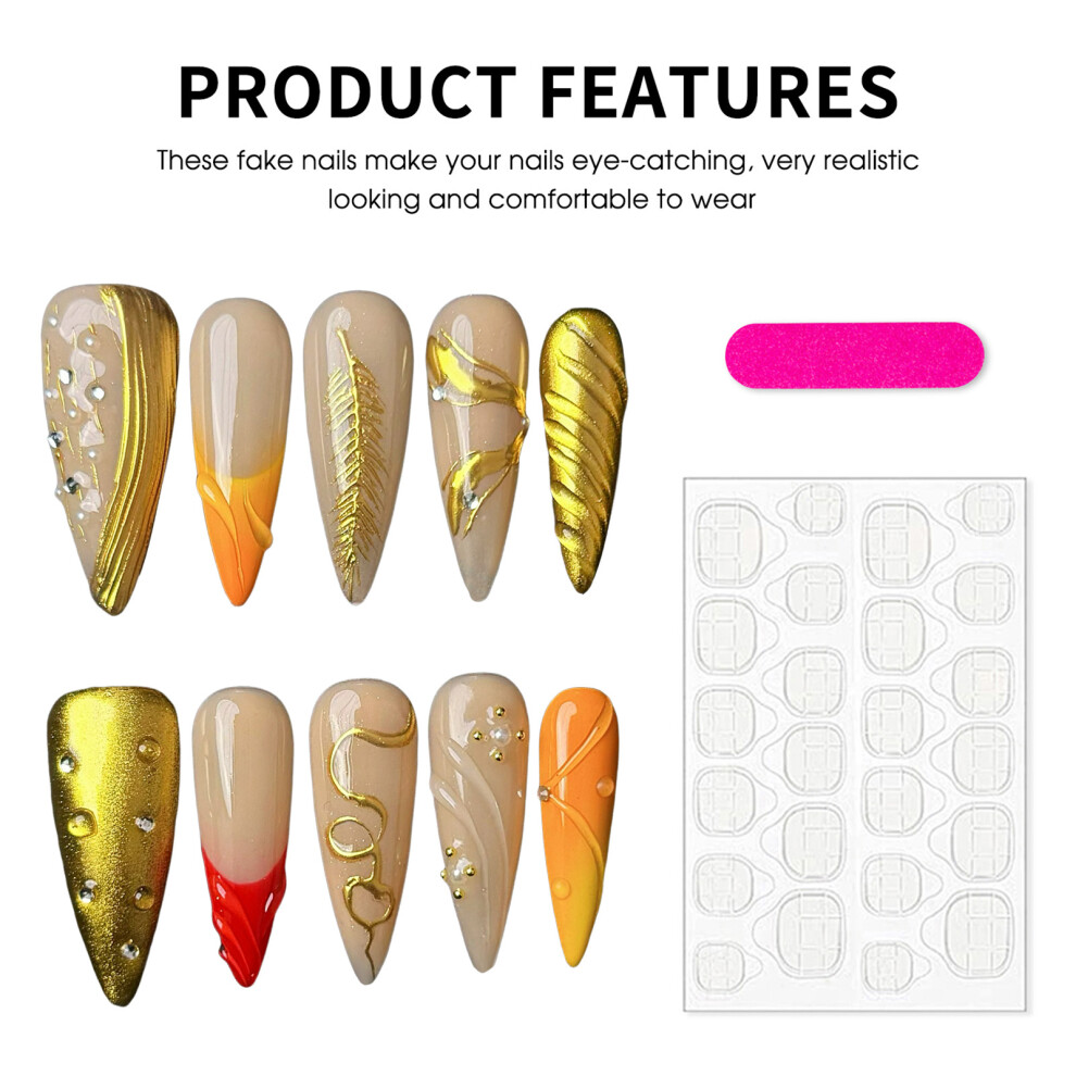 Roc-Electron (Xs) Leaf Print False Nails - Nude & Gold, Waterproof, Long Lasting