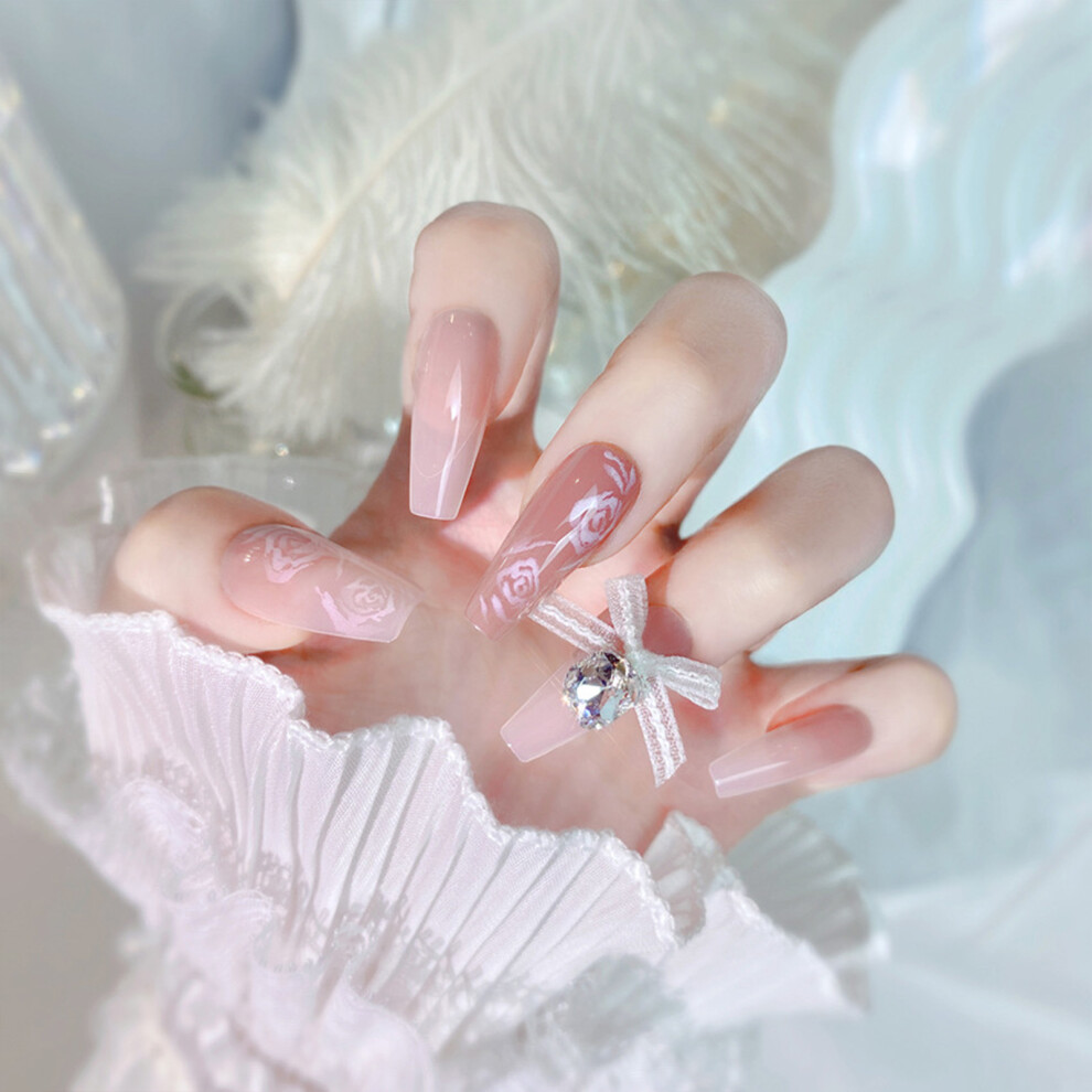Dcph-Clothing Flower Printed Pink Fake Nails - Long Lasting & Flexible