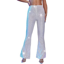 Damen Glitzer-Pailletten-Schlaghose, Disco-Party, weites-Weiß XL