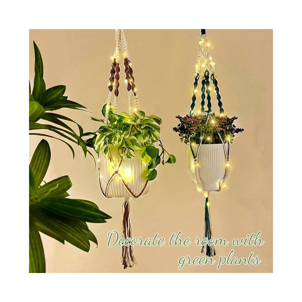 Plant Hanger with LED, Indoor Hanging Planter Basket with Wood Beads, Handmade 37 Inch Decorative Flower Pot Holder 2Pcs