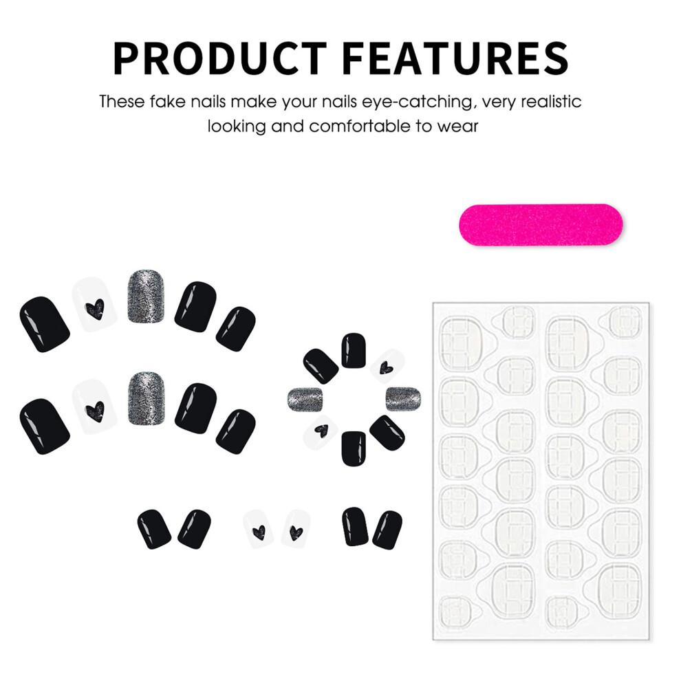 Dcph-Clothing 24Pcs Heart Glitter Press On Nails For Women