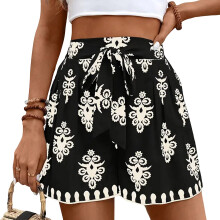 Women Casual Shorts Drawstring Elastic Waist Shorts-Black XXL