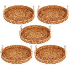 5X Rattan Storage Tray, Round Basket with Handle, Hand-Woven, Rattan Tray Wicker Basket L