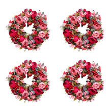 4X Silk Flower Peony Flower Wreath 40cm Handmade Garland for Autumn Winter Outdoor Display Red