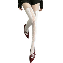 Stretchy High Waist Sheer Tights With Unique Crisscross-White
