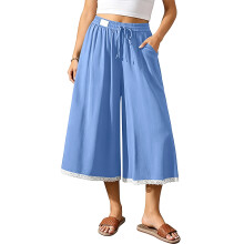 Linnen culottes voor dames, wijde pijpen, zwierige-Blauw XL