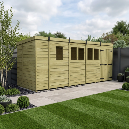 17 x 5 Pent Shed Tanalised (Double Door, With Windows)