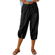 Women's Pants High Waist Drawstring Bottom with Button-Black S
