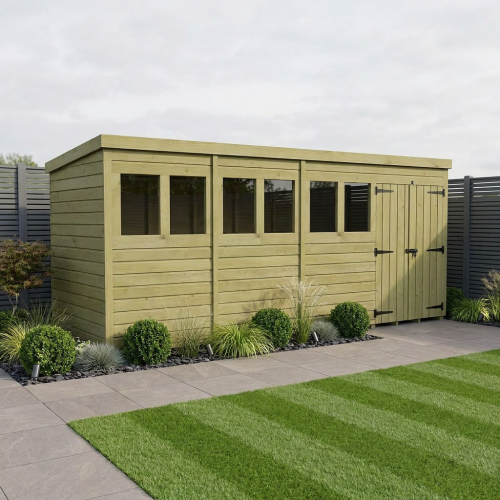 18 x 4 Pent Shed Tanalised (Double Door, With Windows)