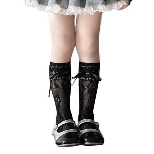 Pair Girls Lace Bows Stack Socks Tie Up Leg Warmer for-Black