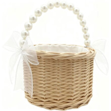 Panier de Demoiselle D'Honneur avec Nœud, Panier à Fleurs à Anse Perlée, Joli Panier en Rotin Tressé à la Main et Décoration Intérieure