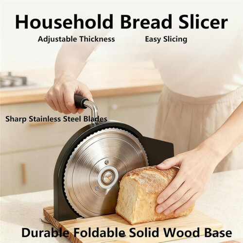 Manual Bread Slicer for Homemade Bread with Hand Crank, Scale , Metal Guide, Adjustable Thickness and Foldable Base
