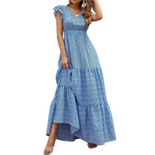 Women'S 2025 Summer Dress V-Neck Cap Sleeve High Waist Floral Tiered Ruffle A Long Maxi Dresses S