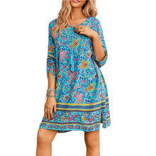 Women Casual Beach Summer Dress Boho Tassel Tie Neck 3/4 Long Sleeve Short Floral Print Flowy Cover Sundresses S