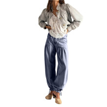 Women'S Lotus Tube Jeans Mid Rise Baggy Wide Leg Jeans Ruffle Pleated Denim Pants with Drawstring Light XL