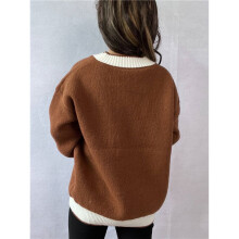 Women'S Contrast Color Button Down Sweater Oversized V-Neck Ribbed Knit Coat Cardigan Brown L