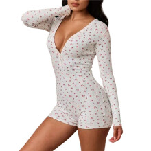 Women'S One-Piece Pajamas, Long Sleeves, V-Neck, Bodysuit, Sleepwear White S