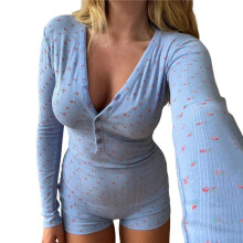 Women'S One-Piece Pajamas, Long Sleeves, V-Neck, Bodysuit, Sleepwear L