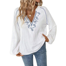 Women'S Boho Tops Long Sleeve V Neck Embroidery Blouse Linen Shirt White S