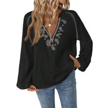 Women'S Boho Tops Long Sleeve V Neck Embroidery Blouse Linen Shirt Black L