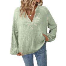 Women'S Boho Tops Long Sleeve V Neck Embroidery Blouse Linen Shirt Matcha Green XXL