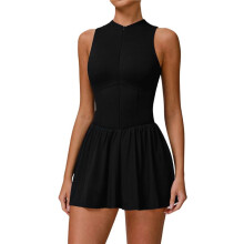 Womens Tennis Dress with Built-in Bra Shorts Zipper Slim Fit A- Hem Skirt Athletic with Pockets Black L